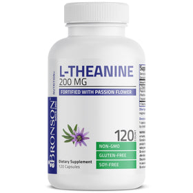 Étiquette du flacon Bronson L-Theanine 200 mg avec Passiflore