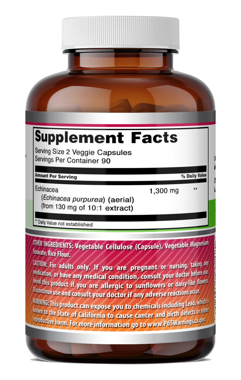 Étiquette du flacon d'Amazing Nutrition Echinacea 1300 Mg montrant les spécifications