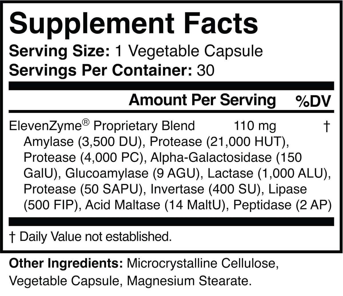 Étiquette du flacon d'ElevenZyme avec ingrédients naturels