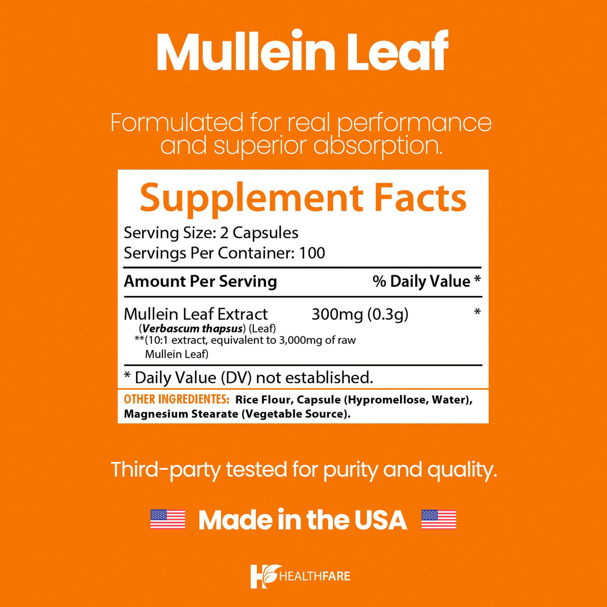 Étiquette du flacon d'extrait de feuille de mullein Healthfare
