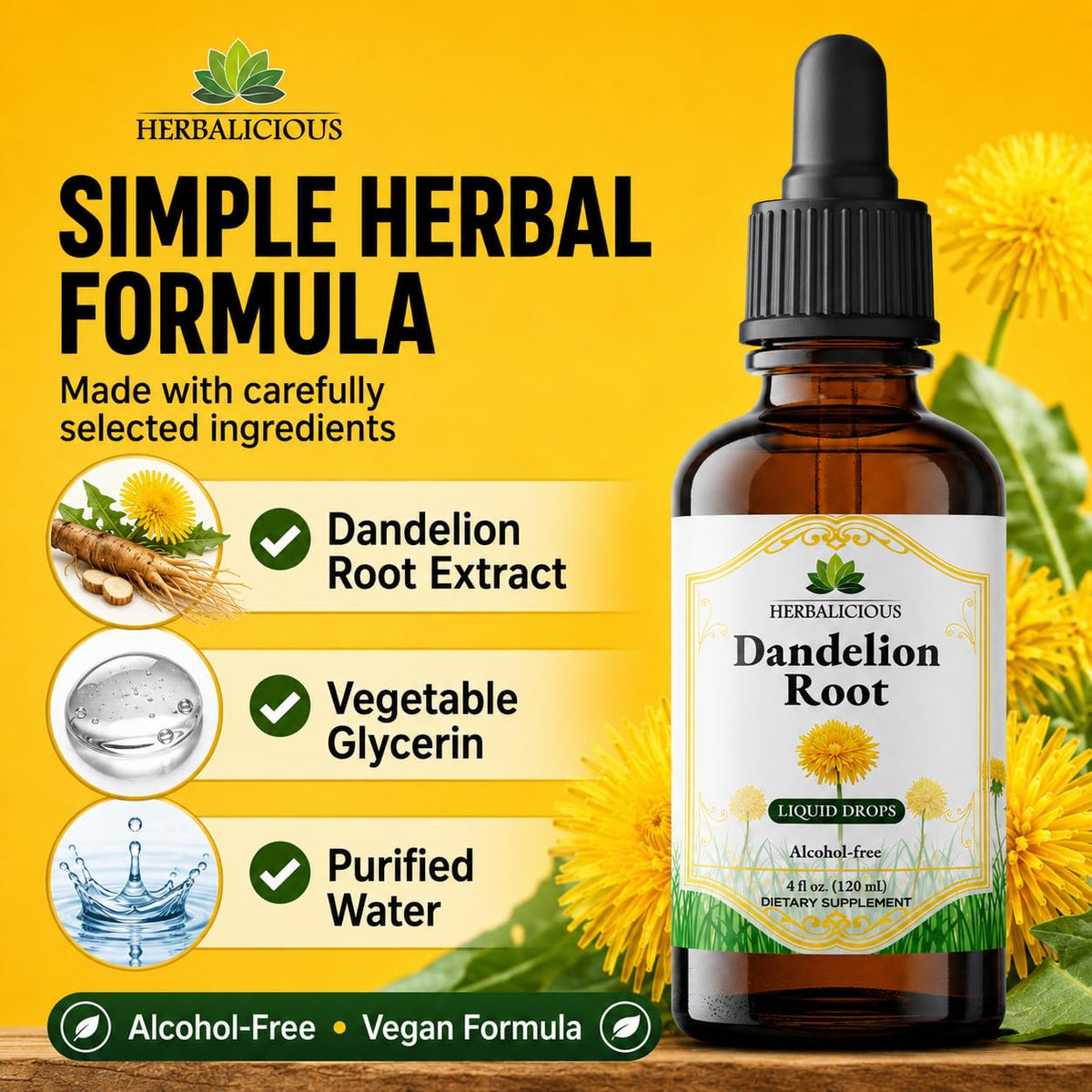 Étiquette du flacon d'extrait de racine de pissenlit HERBALICIOUS
