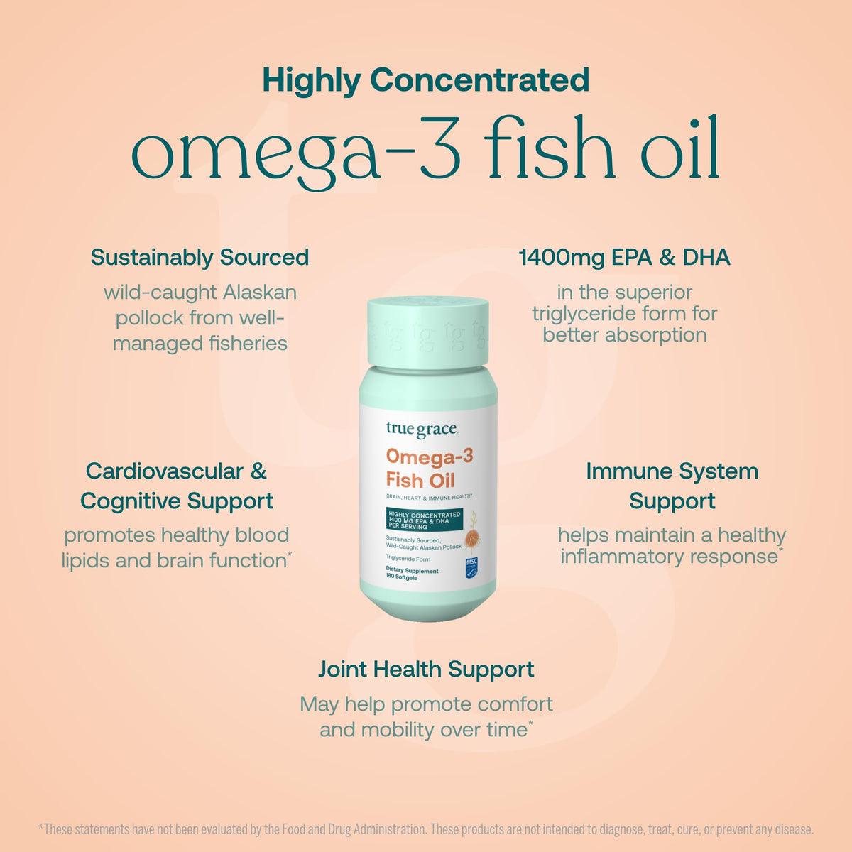 Étiquette du flacon d'huile de poisson Omega-3 True Grace