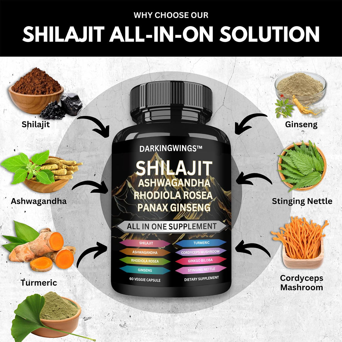 Étiquette du flacon Darkingwings 8-en-1 Shilajit 9000mg
