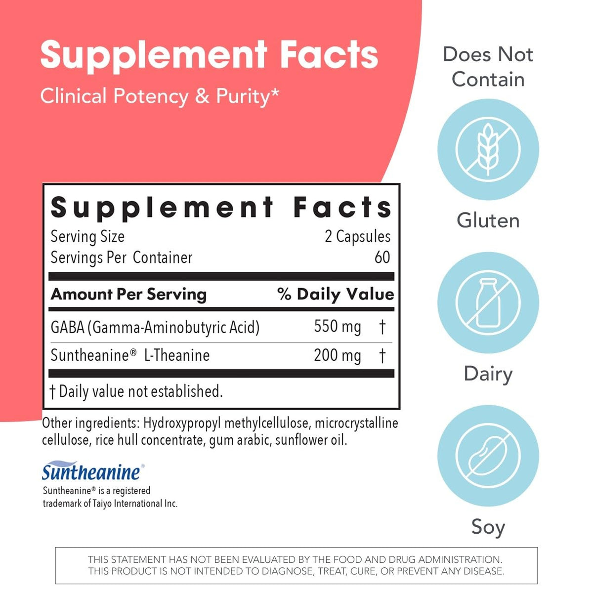 Étiquette du flacon de 200 mg Zen L-Theanine GABA d'Allergy Research Group