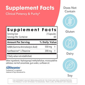 Étiquette du flacon de 200 mg Zen L-Theanine GABA d'Allergy Research Group
