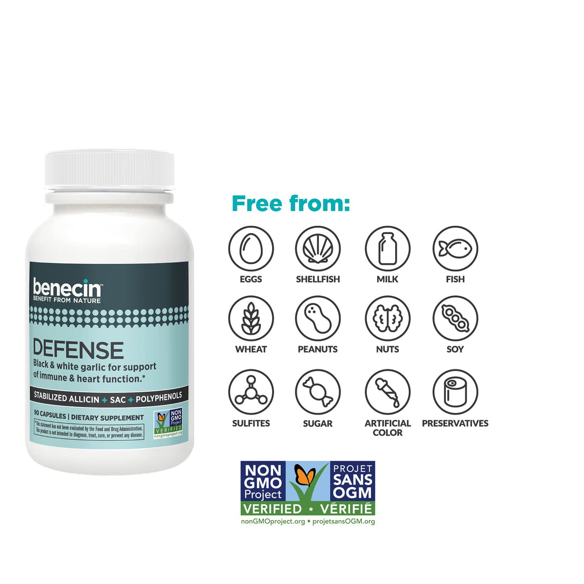 Étiquette du flacon de Benecin Defense 1500 mcg Allicine Stabilisée