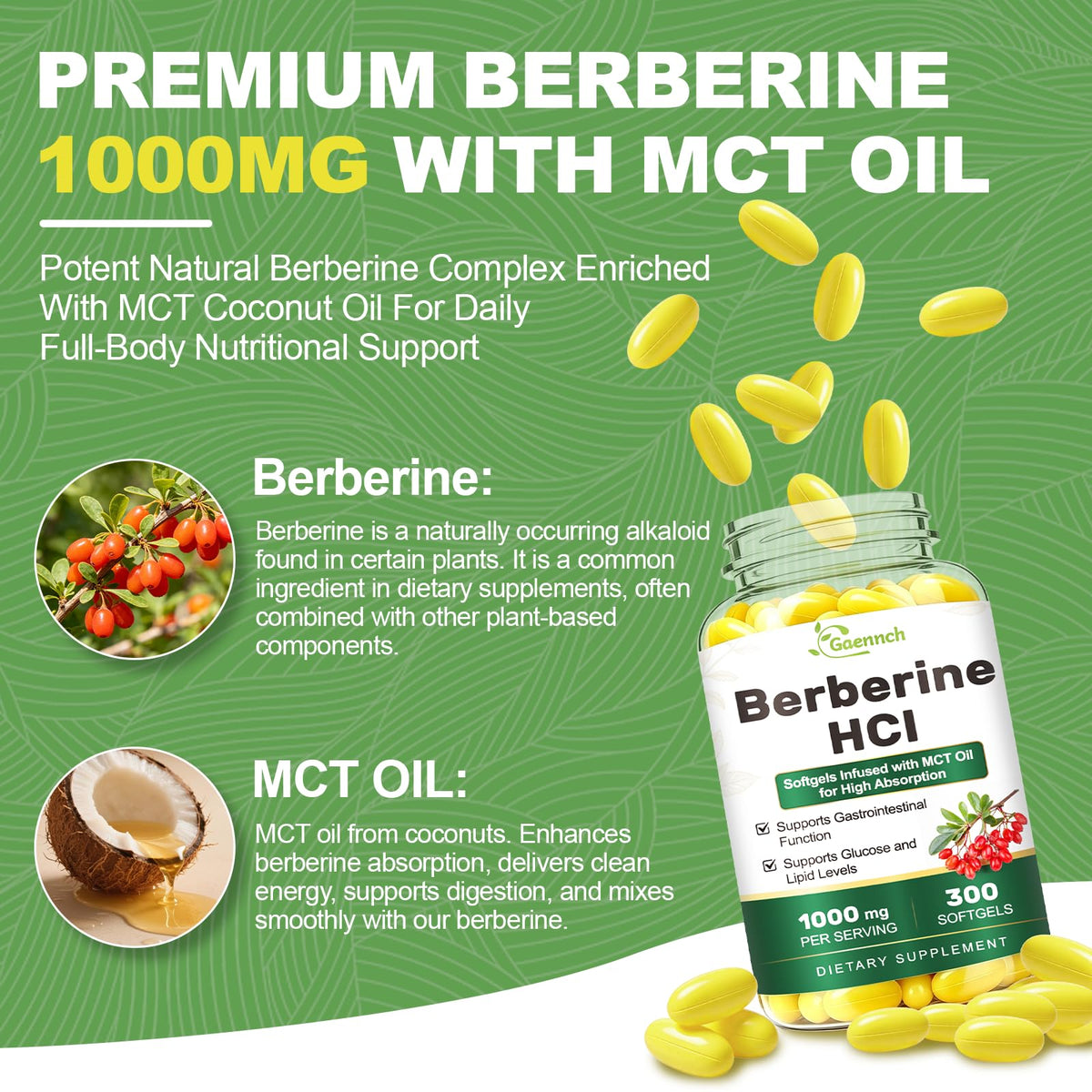 Étiquette du flacon de Berberine HCl 1000mg 300 softgels