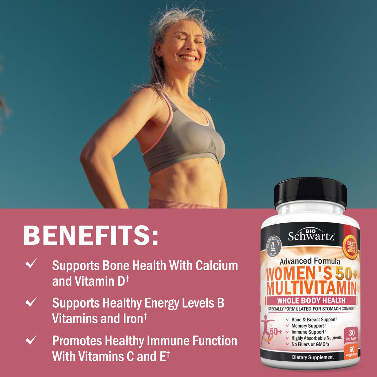 Étiquette du flacon de BioSchwartz Multivitamines Femmes 50+