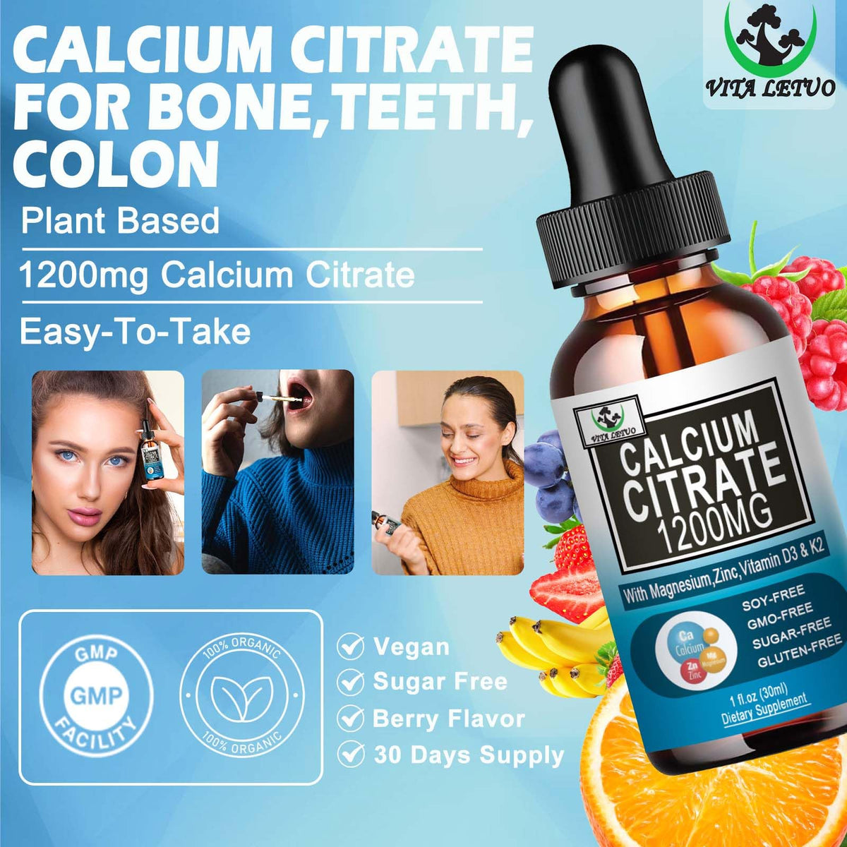 Étiquette du flacon de Calcium Citrate 1200mg avec D3, ingrédients mentionnés