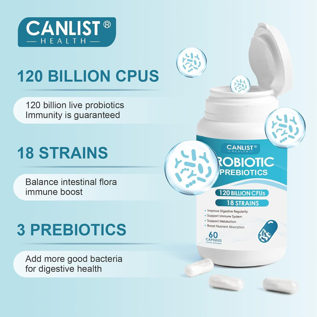 Étiquette du flacon de CANLIST Probiotiques 120 milliards CFU