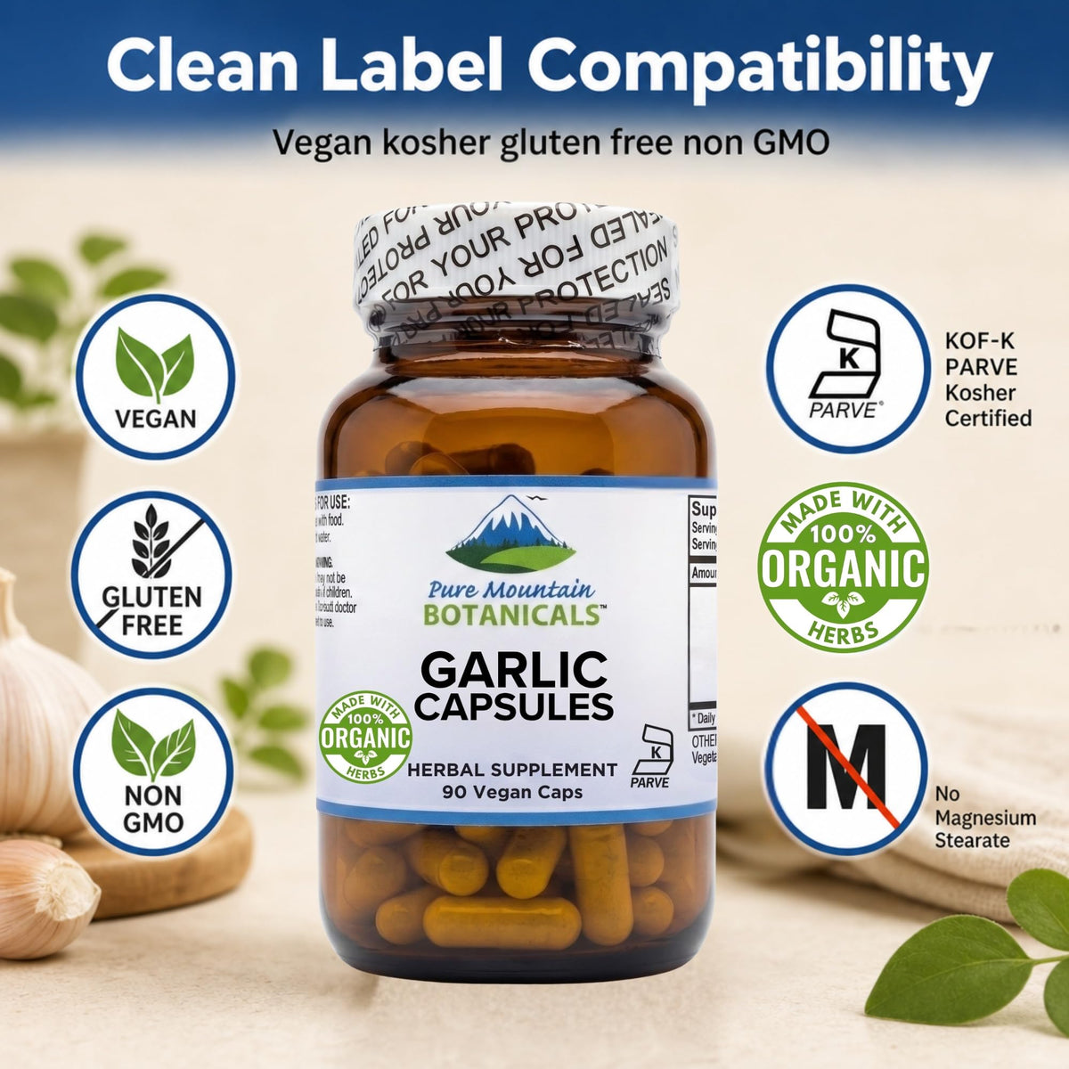 Étiquette du flacon de capsules d'ail bio Pure Mountain Botanicals 500mg