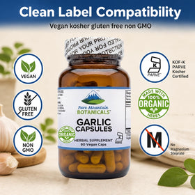 Étiquette du flacon de capsules d'ail bio Pure Mountain Botanicals 500mg