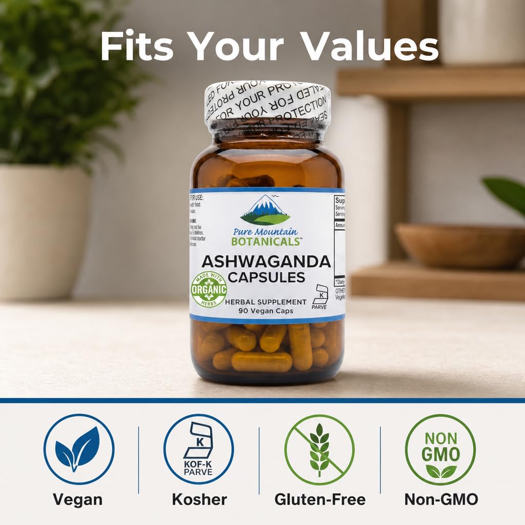 Étiquette du flacon de capsules d'ashwagandha Pure Mountain Botanicals