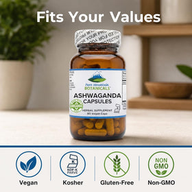 Étiquette du flacon de capsules d'ashwagandha Pure Mountain Botanicals