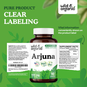 Étiquette du flacon de capsules d'écorce d'Arjuna Wild & Organic