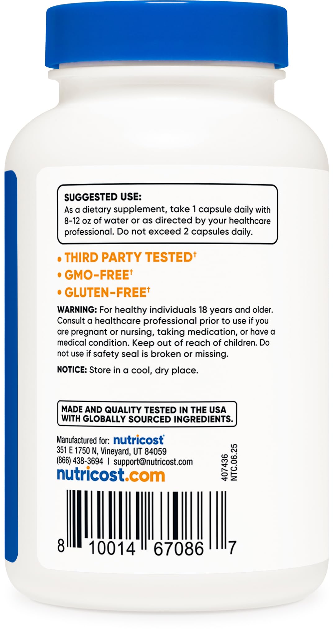 Étiquette du flacon de capsules de bore Nutricost 5mg