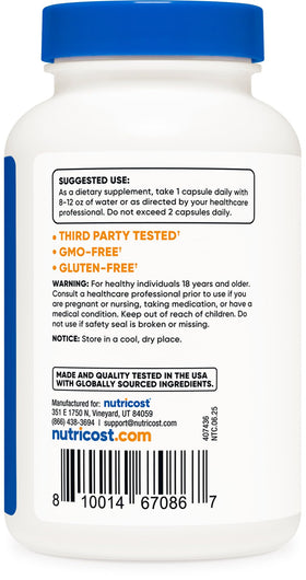 Étiquette du flacon de capsules de bore Nutricost 5mg