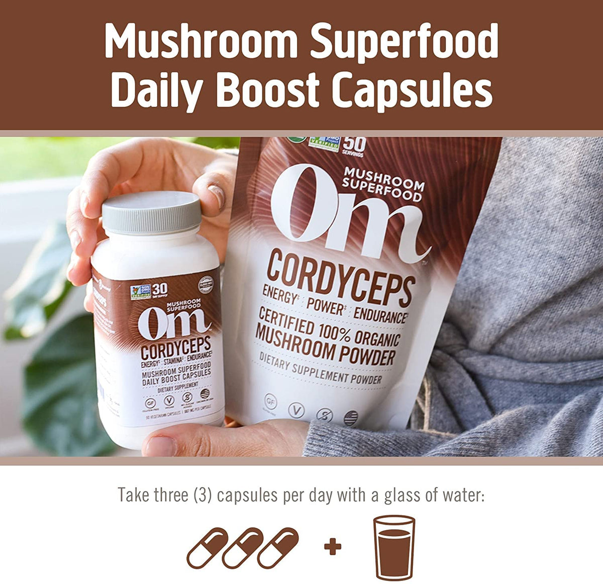 Étiquette du flacon de capsules de champignon Cordyceps OM MUSHROOM SUPERFOOD