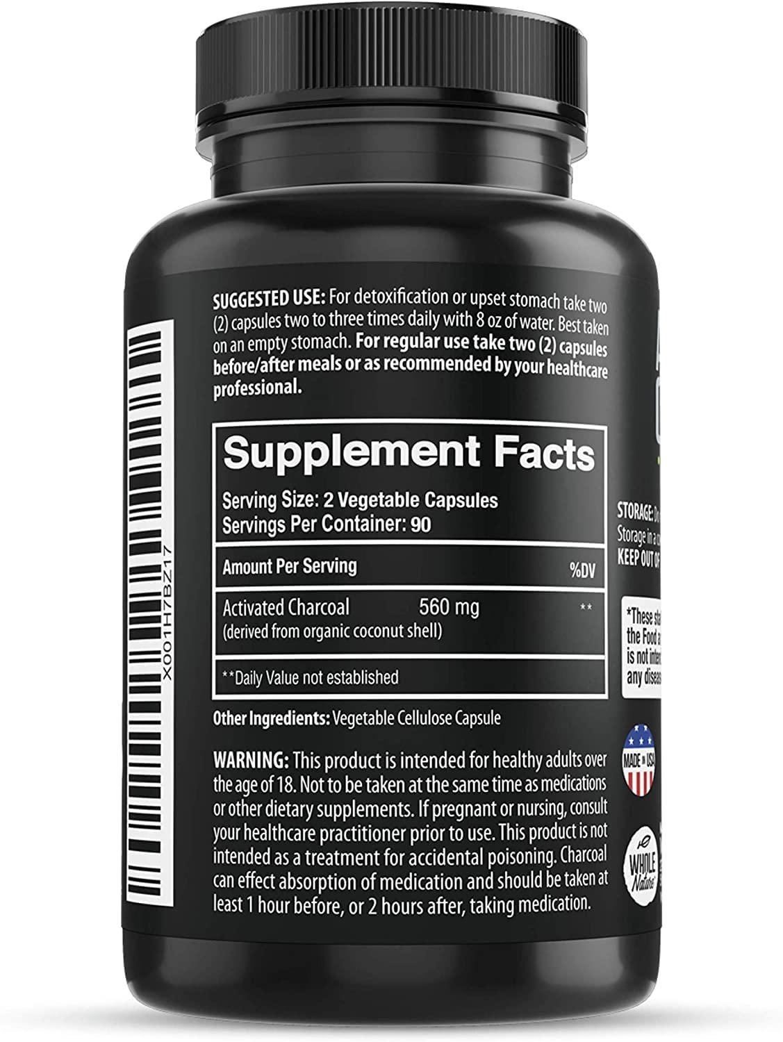 Étiquette du flacon de capsules de charbon actif de coco Whole Nature