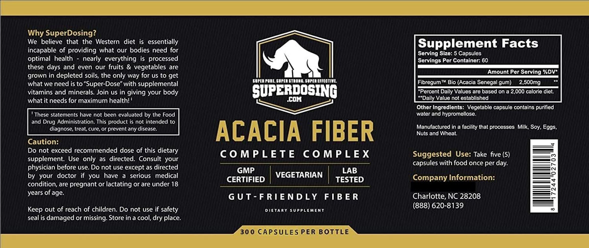 Étiquette du flacon de capsules de Fibre d'Acacia Sénégal SuperDosing.com