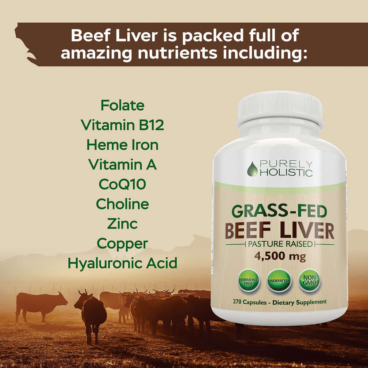 Étiquette du flacon de capsules de foie de boeuf Purely Holistic