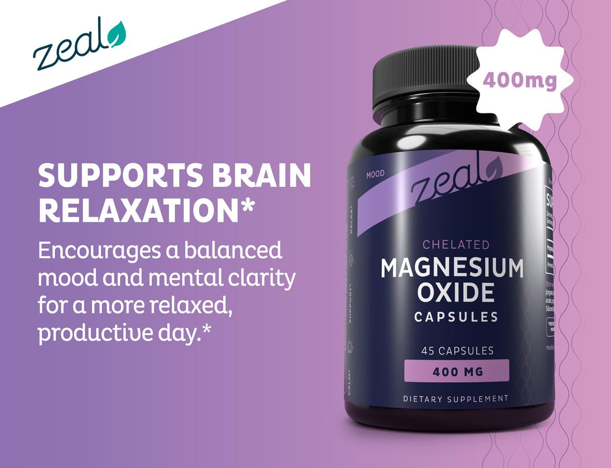 Étiquette du flacon de capsules de magnésium oxyde 400mg Zeal Naturals