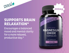 Étiquette du flacon de capsules de magnésium oxyde 400mg Zeal Naturals