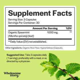 Étiquette du flacon de capsules de menthe verte Wholesome Story