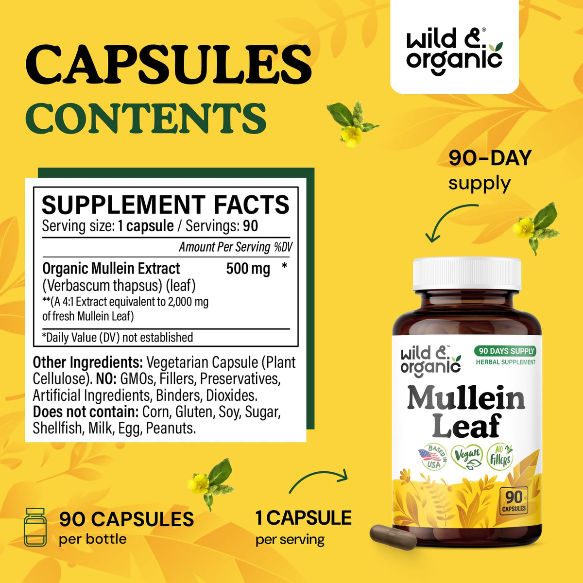 Étiquette du flacon de capsules de molène Wild & Organic