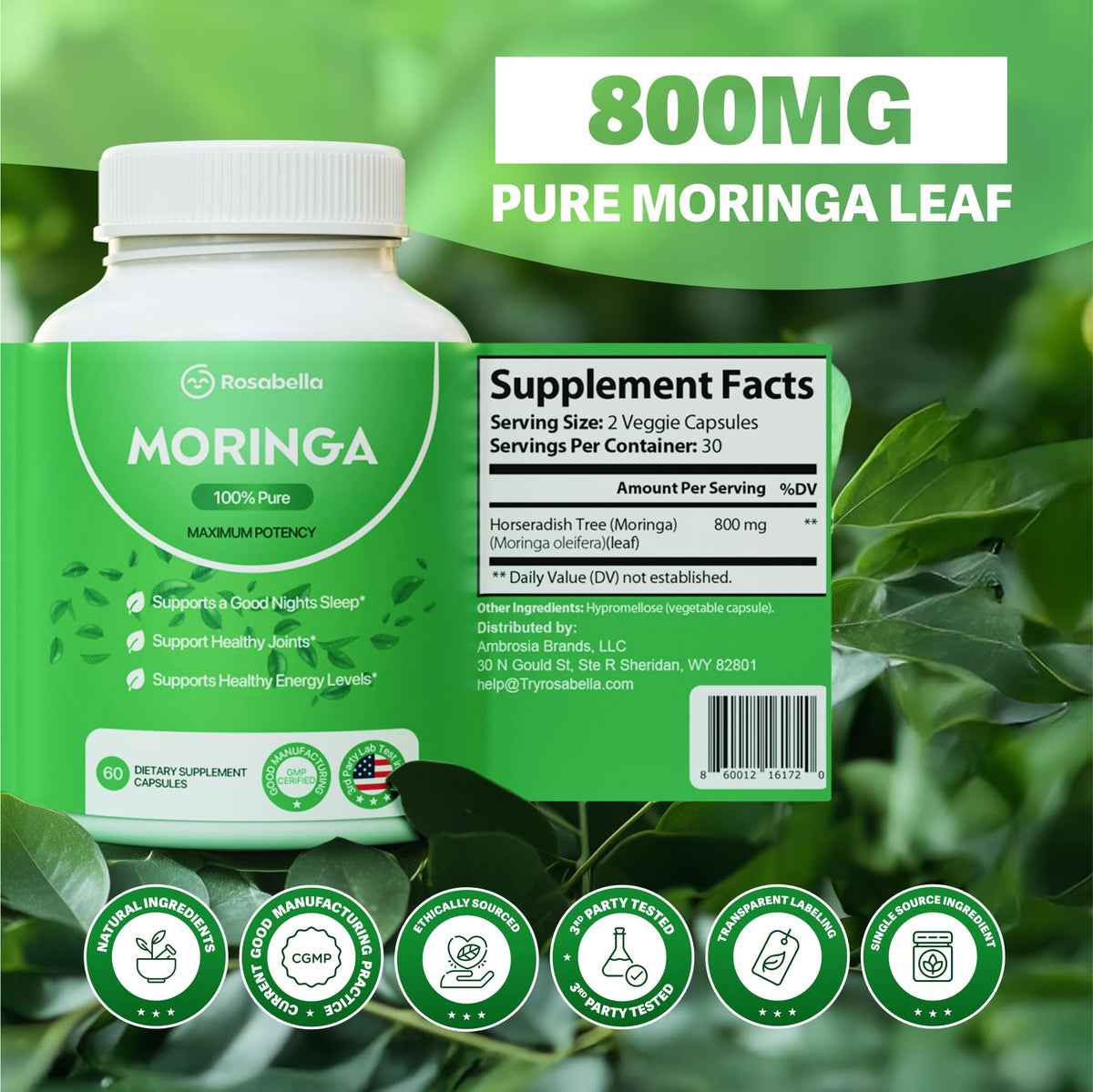 Étiquette du flacon de capsules de moringa Rosabella
