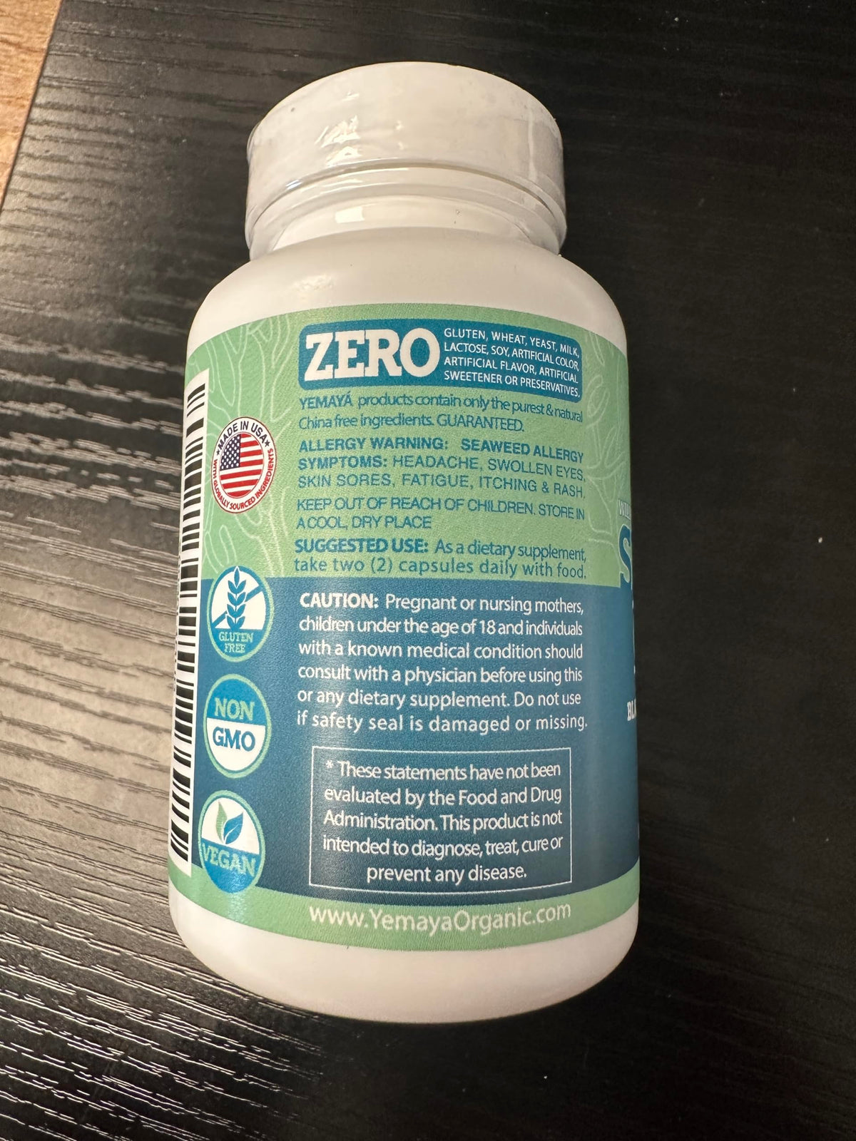 Étiquette du flacon de capsules de mousse de mer YEMAYA