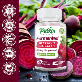 Étiquette du flacon de capsules de racine de betterave fermentée bio Parker Naturals