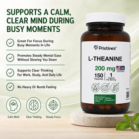 Étiquette du flacon de capsules L-Theanine 200mg de PRISTINE'S