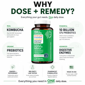 Étiquette du flacon de capsules probiotiques Kombucha dose + remedy