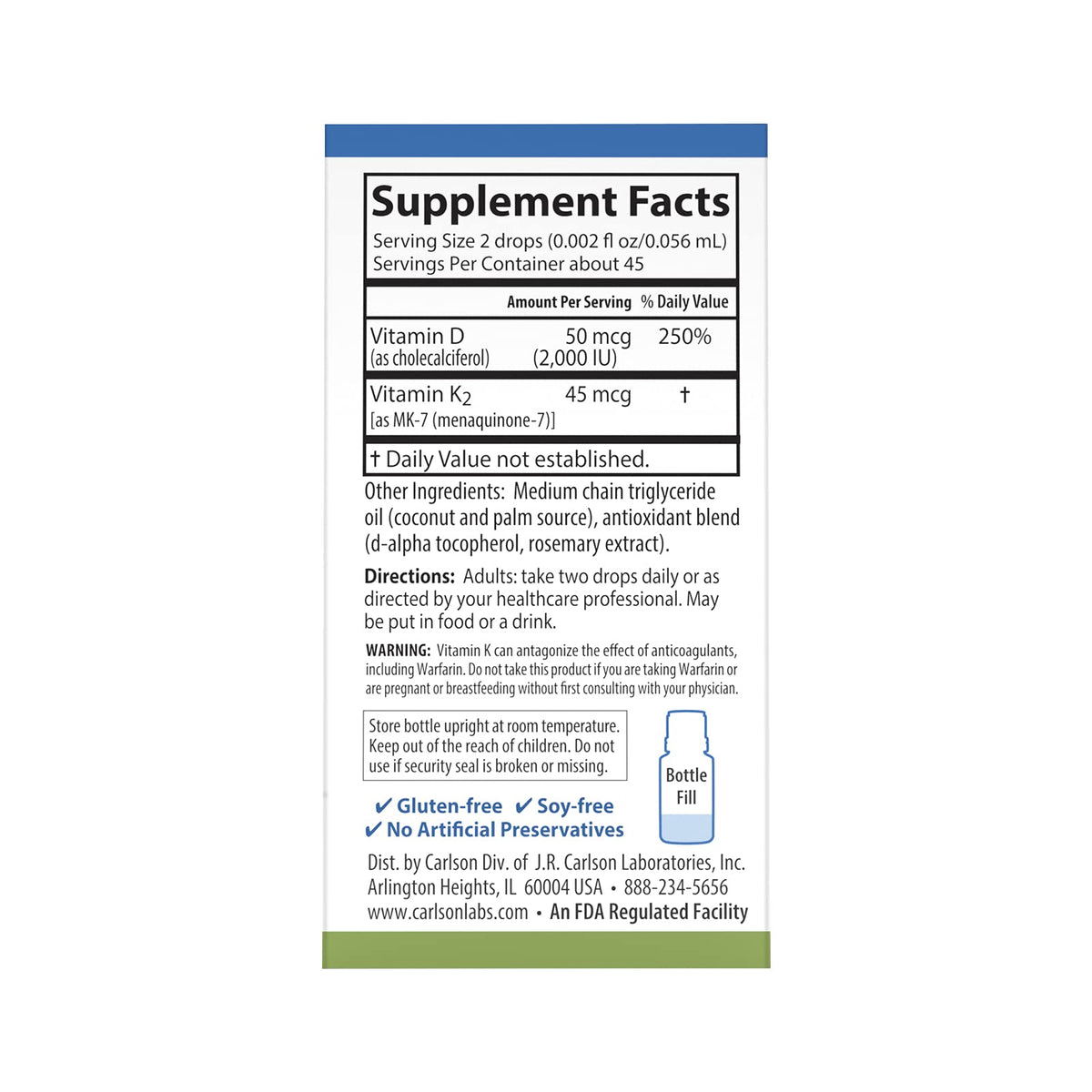Étiquette du flacon de Carlson Super Daily D3 + K2 50 mcg
