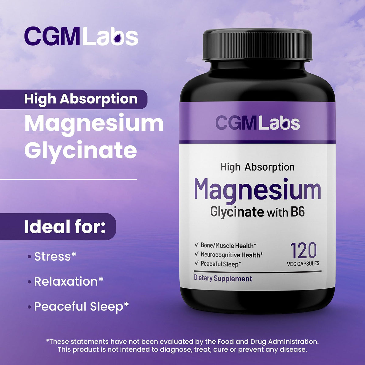 Étiquette du flacon de CGMLABS Glycinate de Magnésium avec B6