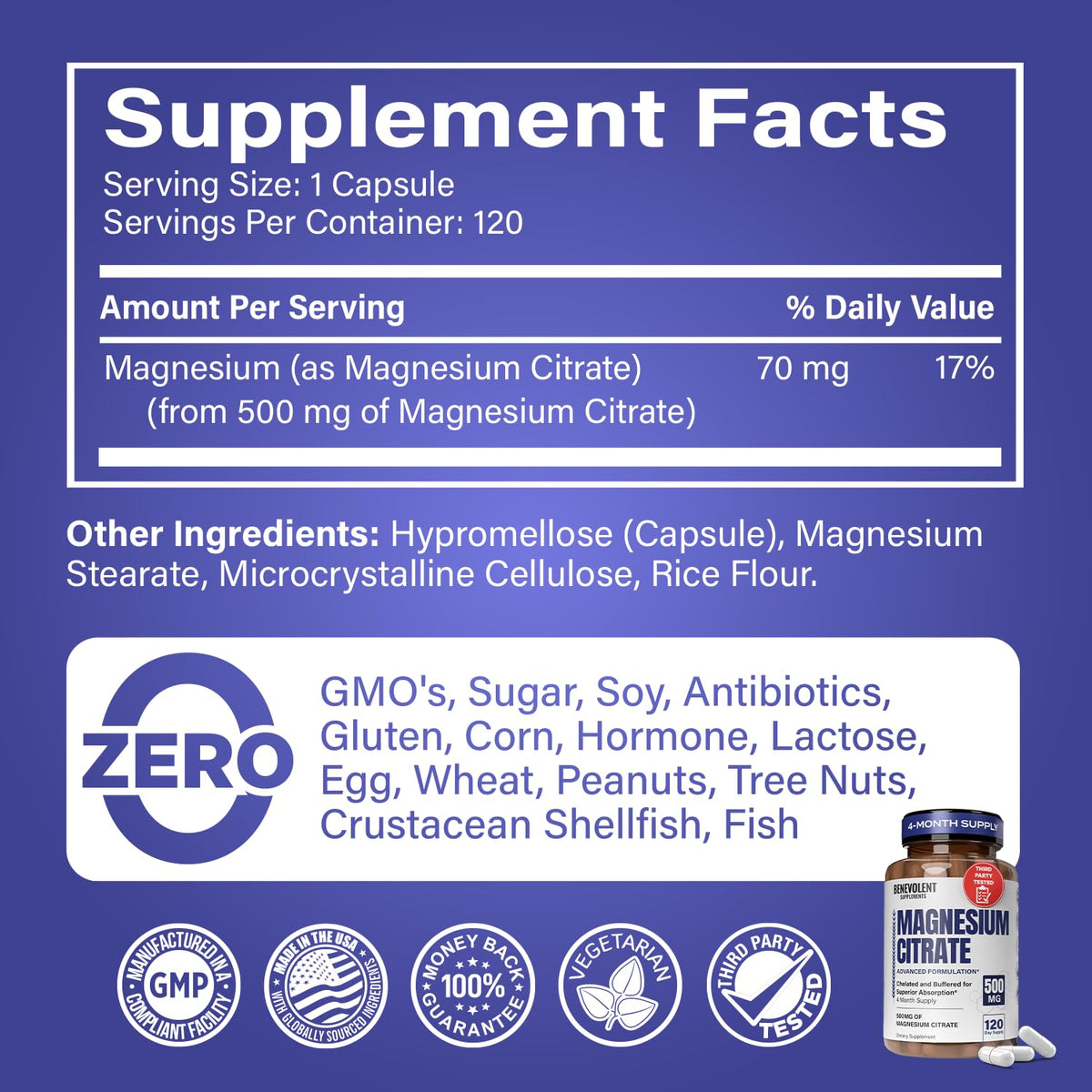 Étiquette du flacon de citrate de magnésium Benevolent