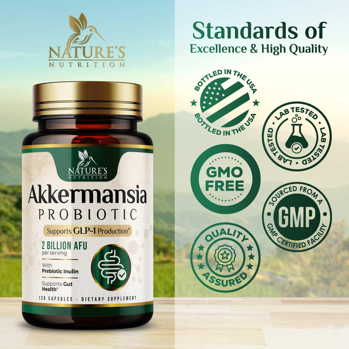 Étiquette du flacon de complément alimentaire Akkermansia Nature's Nutrition