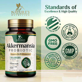 Étiquette du flacon de complément alimentaire Akkermansia Nature's Nutrition