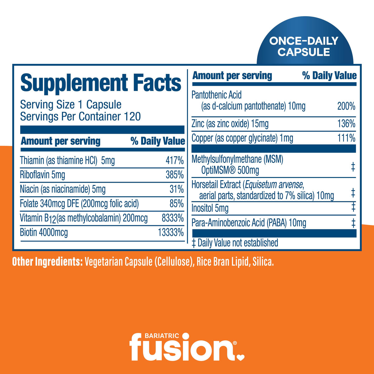 Étiquette du flacon de compléments Bariatric Fusion, ingrédients et dosage