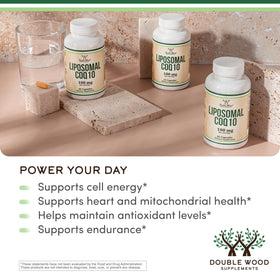 Étiquette du flacon de CoQ10 Liposomal Double Wood 100mg
