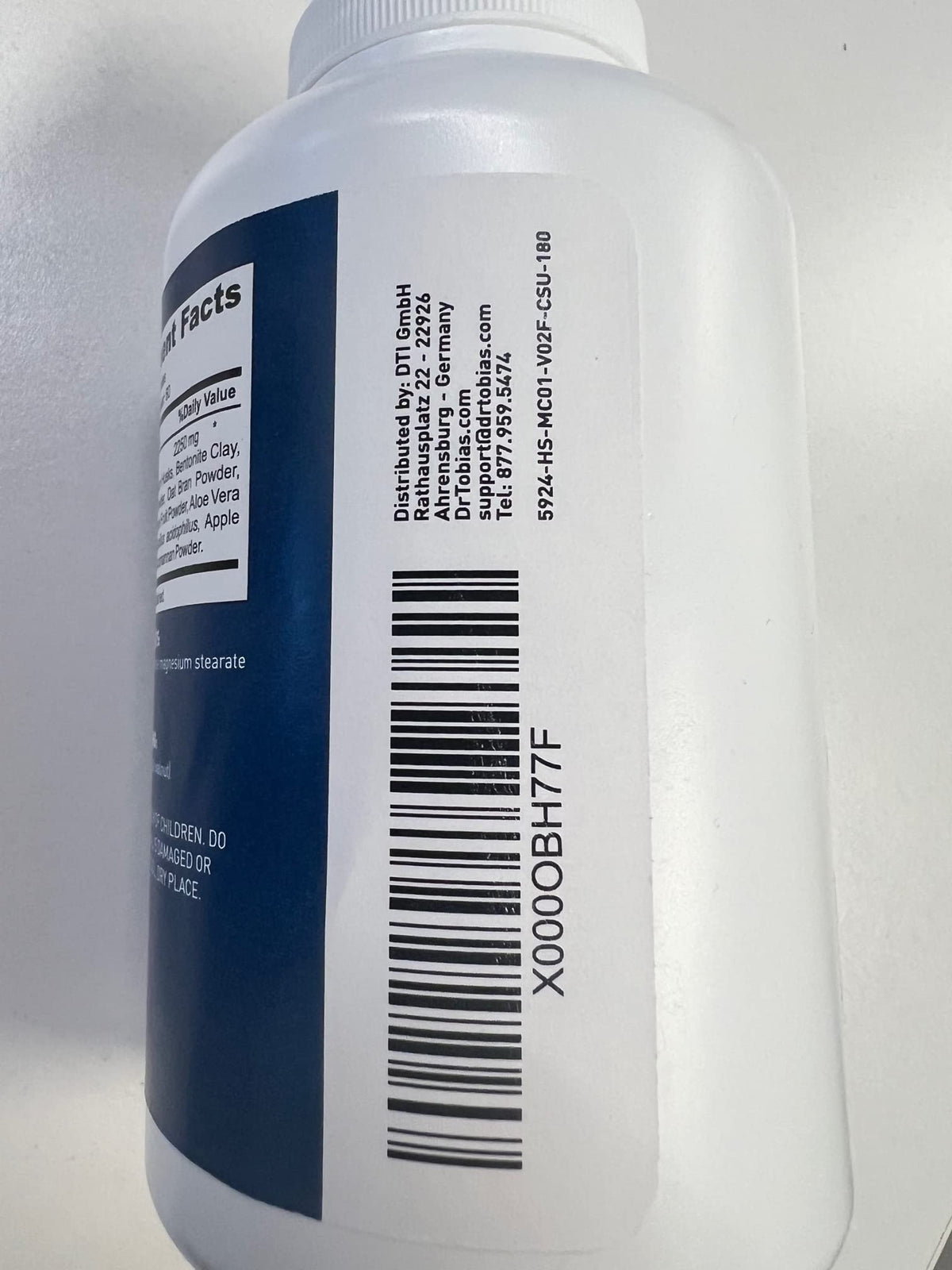 Étiquette du flacon de Dr. Tobias Psyllium 180 Capsules