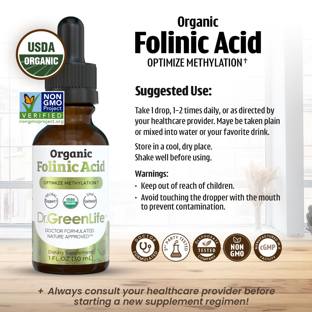 Étiquette du flacon de Folate Folinique Dr. Green Mom, ingrédients et dosage