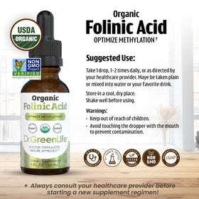 Étiquette du flacon de Folate Folinique Dr. Green Mom, ingrédients et dosage