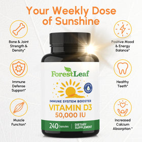 Étiquette du flacon de ForestLeaf Vitamine D3 50000 UI
