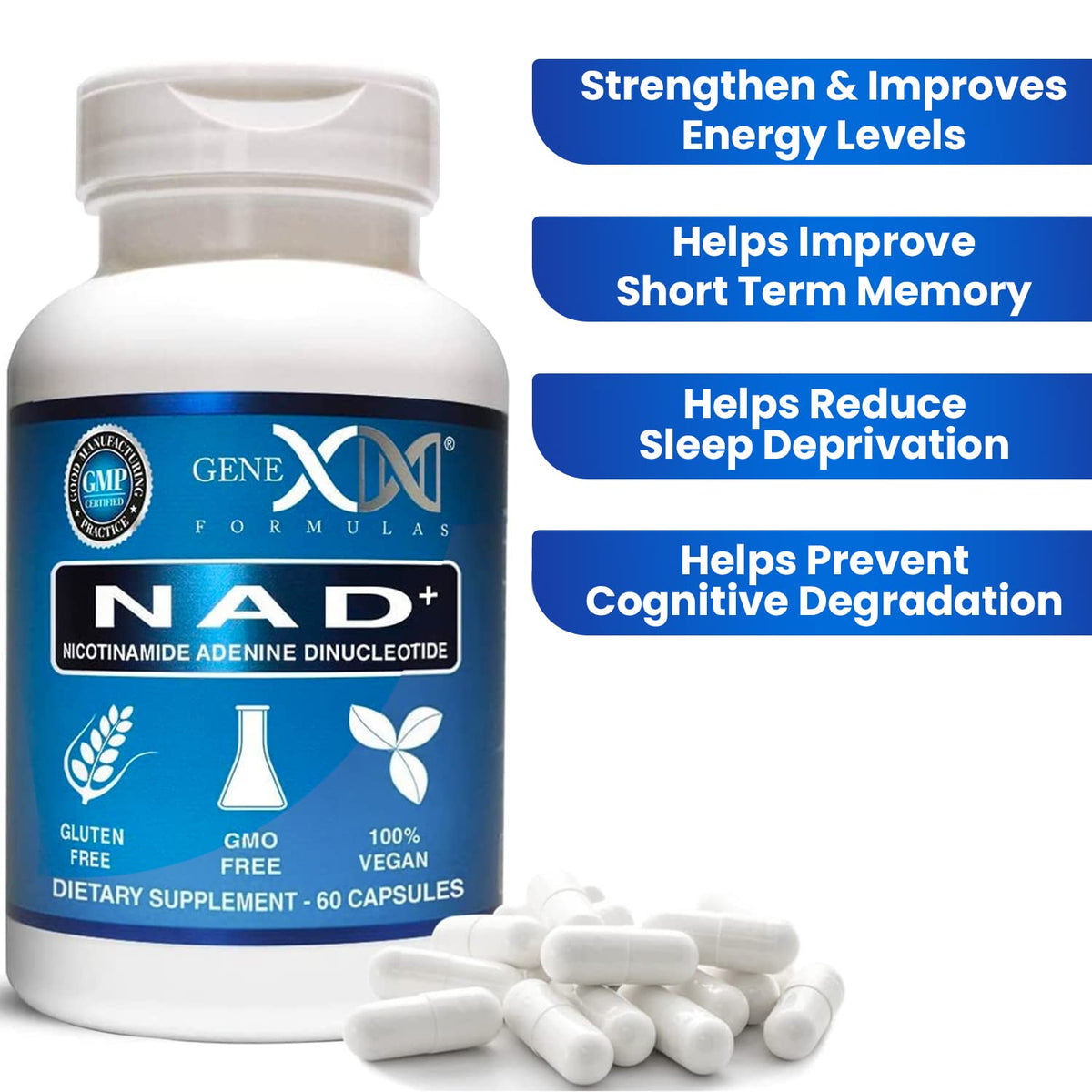 Étiquette du flacon de Genex Formulas NAD+ 250mg