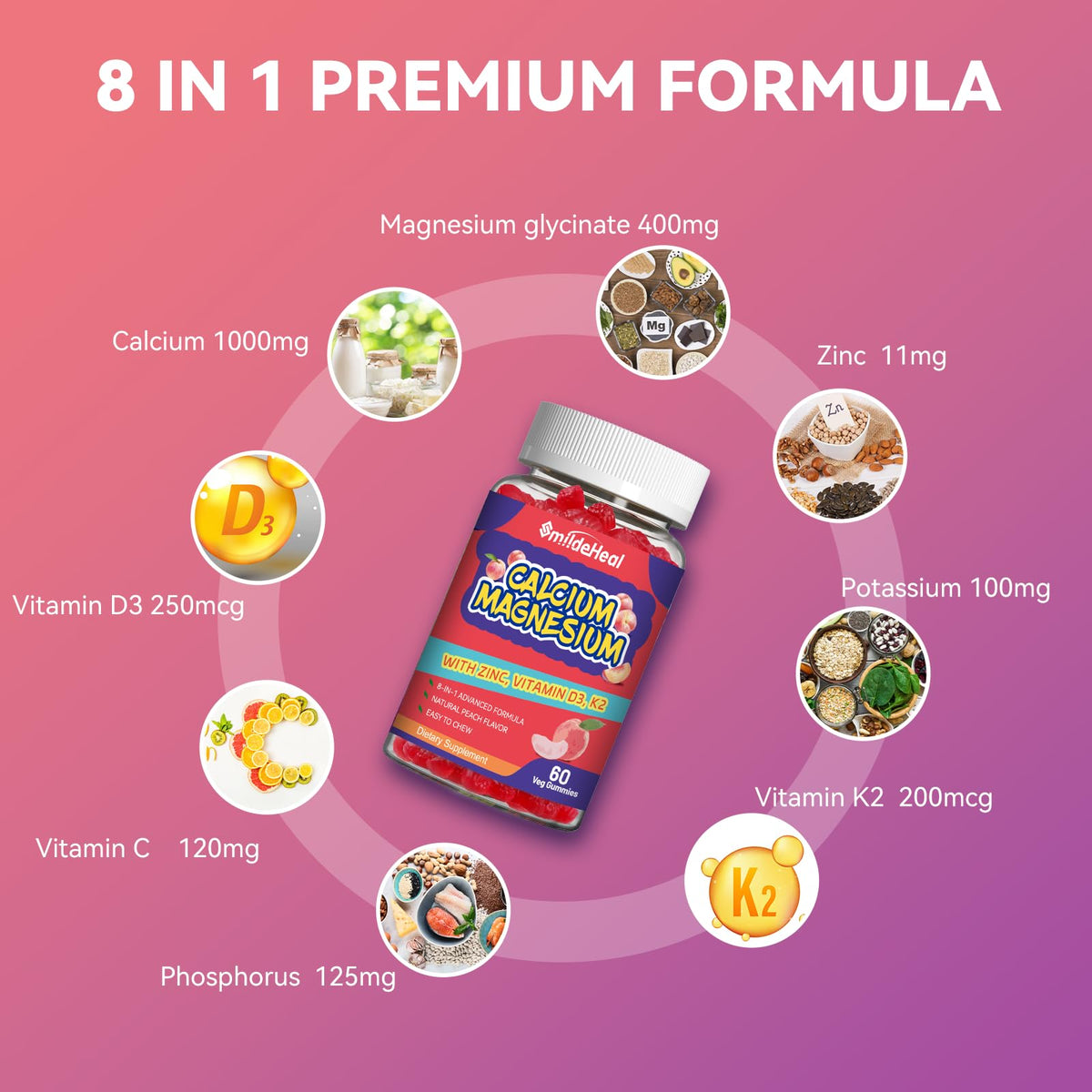 Étiquette du flacon de gummies Calcium Magnésium Zinc SmildeHeal