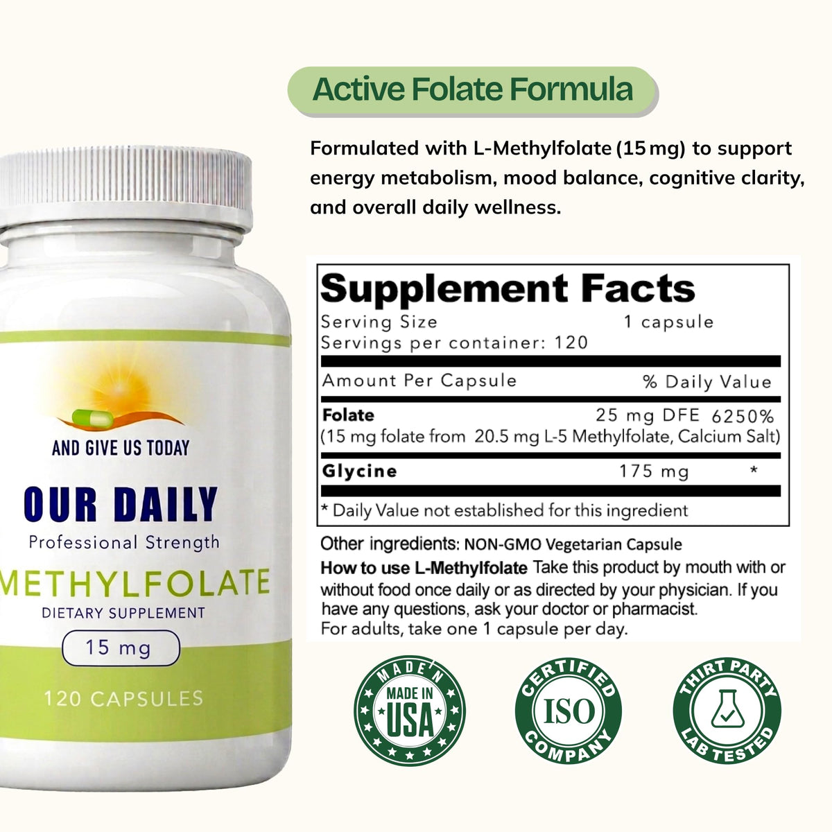 Étiquette du flacon de L-Méthylfolate 15mg