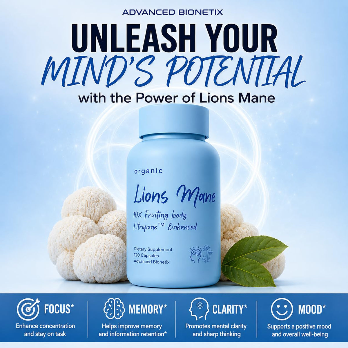 Étiquette du flacon de Lion's Mane Advanced Bionetix
