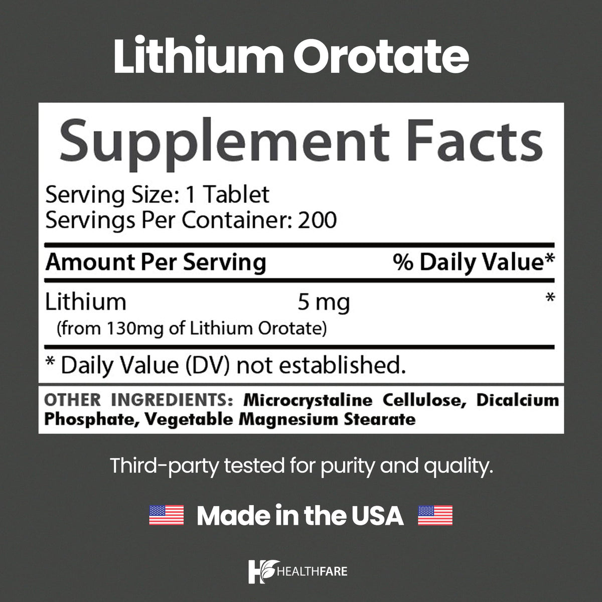 Étiquette du flacon de lithium orotate Healthfare avec ingrédients et dosage